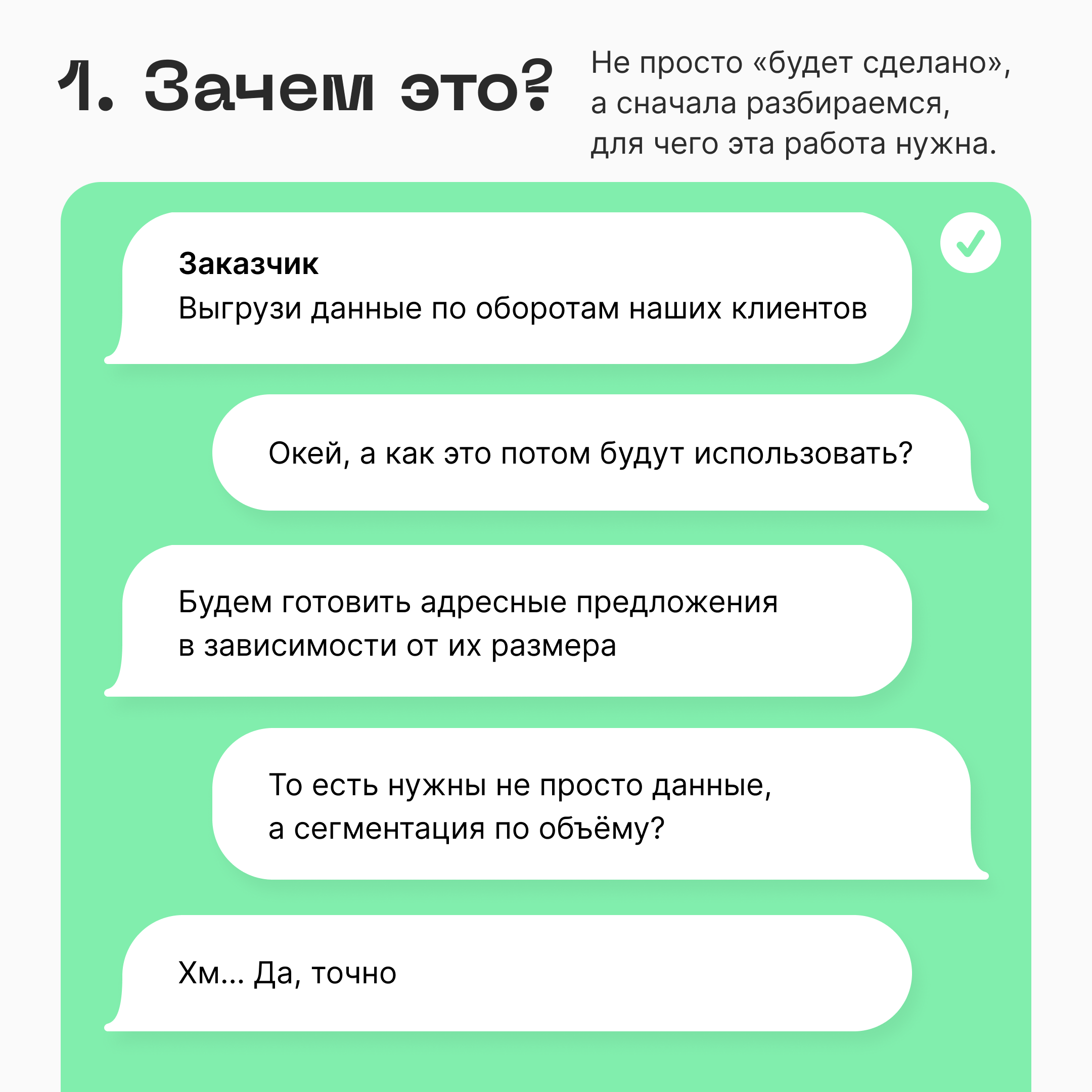 Зачем это? 
Не просто «будет сделано», а сначала разбираемся, для чего эта работа нужна.